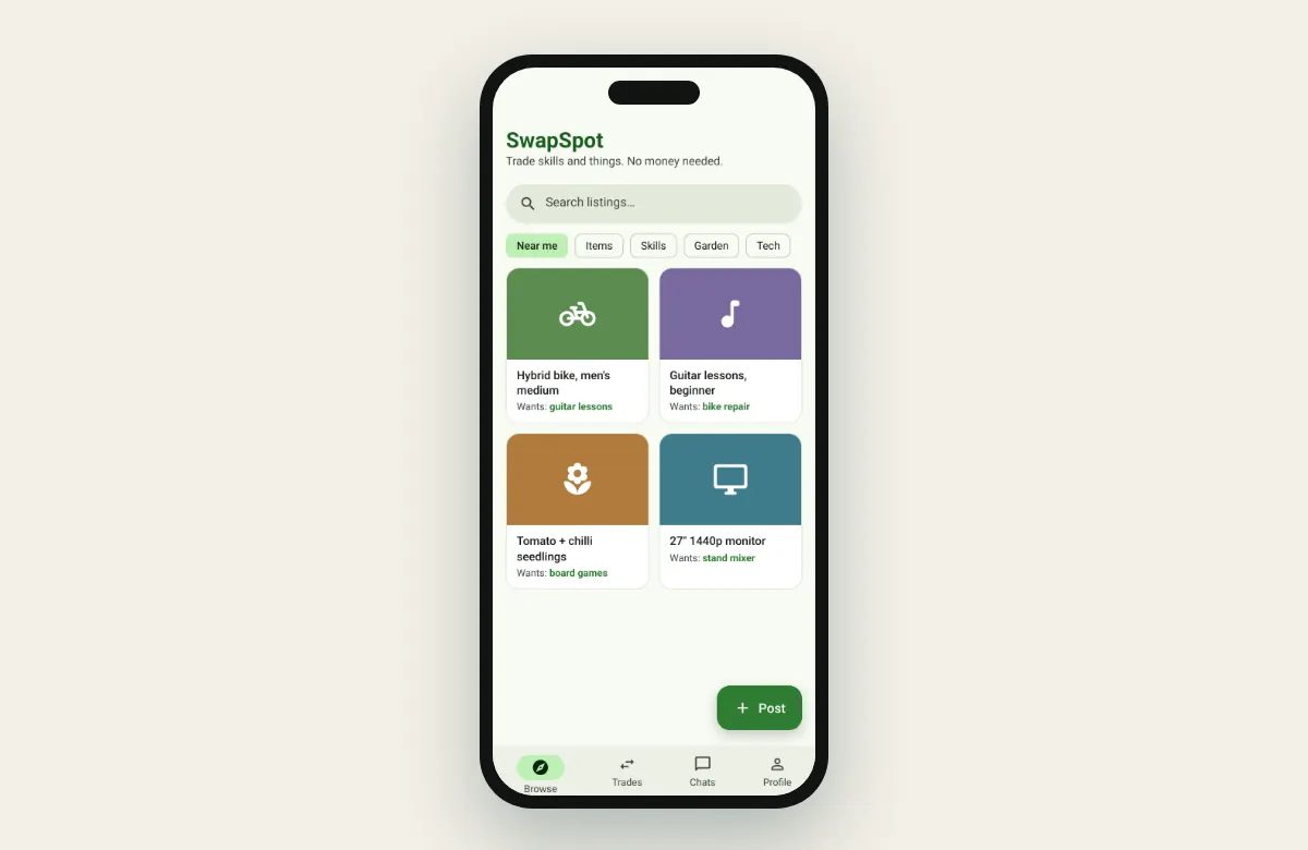 Barter marketplace app screens