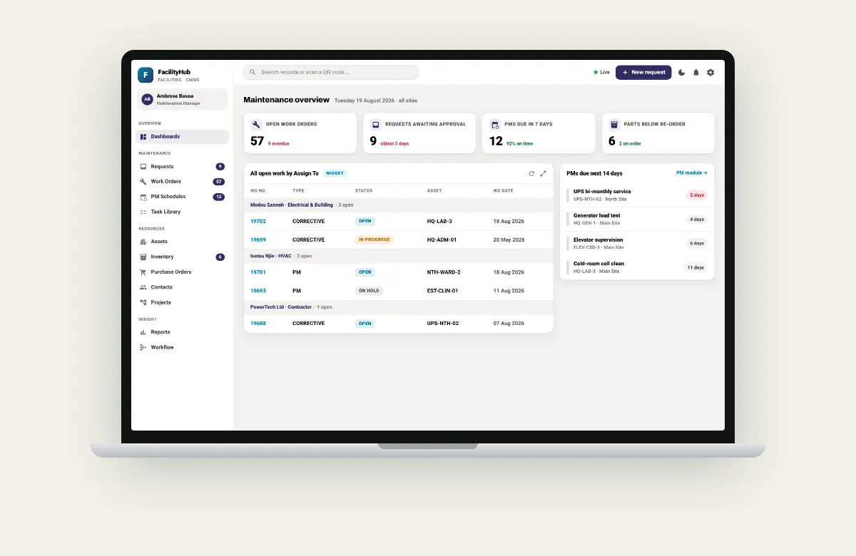 Maintenance management (CMMS) screens